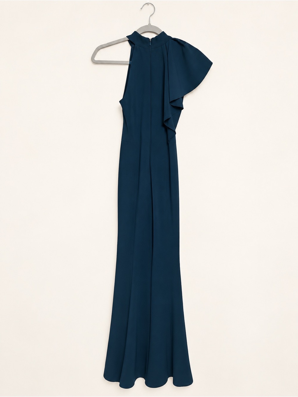 Lulu's Navy One-Shoulder Ruffle Halter Gown - Picture 3 of 5